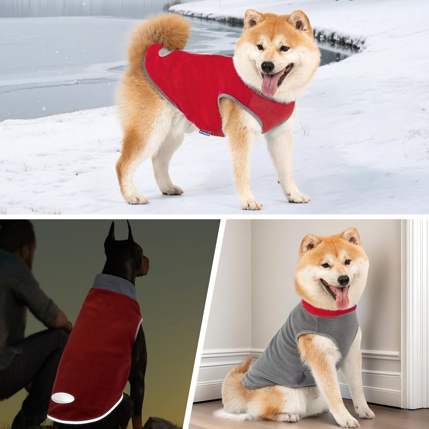 2 Pack Dog Sweater Sweatshirt Stretchy Fleece Vest Pullover Dog Jacket with Reflective Stripe Lightweight Pet Coats Sweaters for Small Dogs Grey & Red